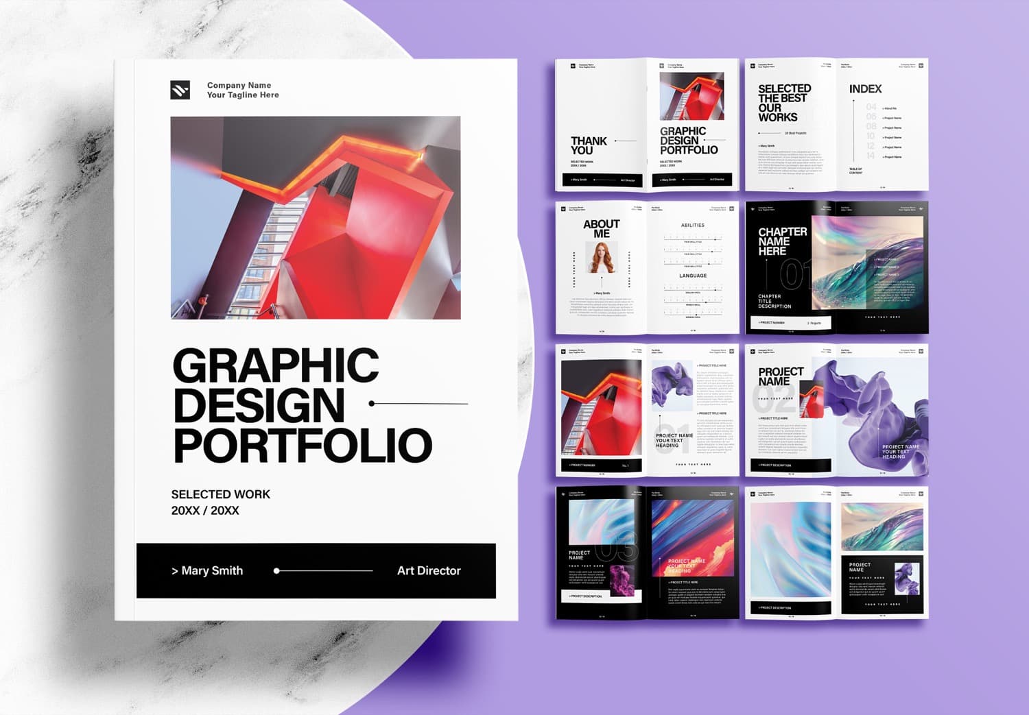 Free InDesign Modern Graphic Design Portfolio Layout Template with Black and Light Gray Accents