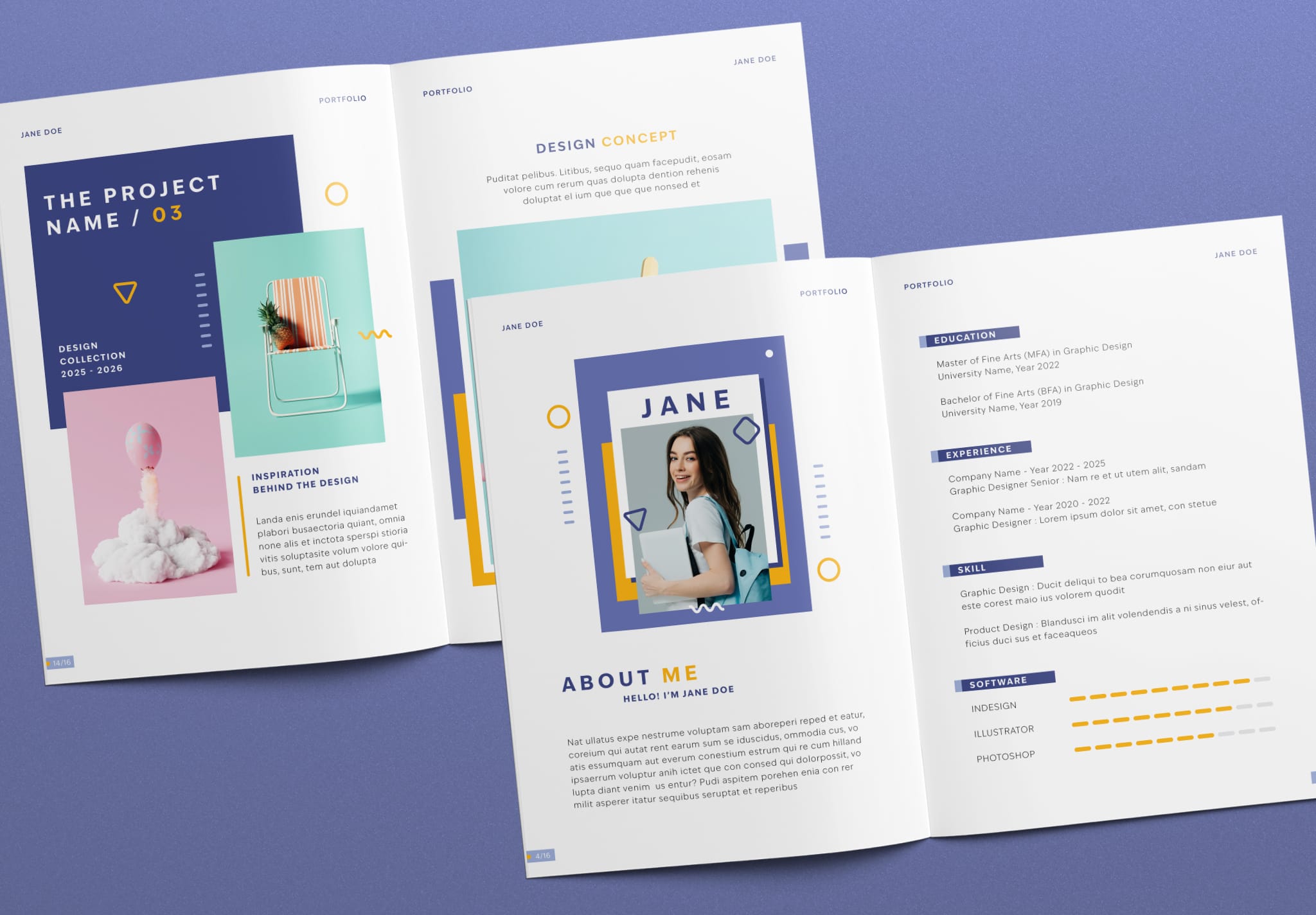 Minimal design student portfolio layout template with resume and project showcase pages