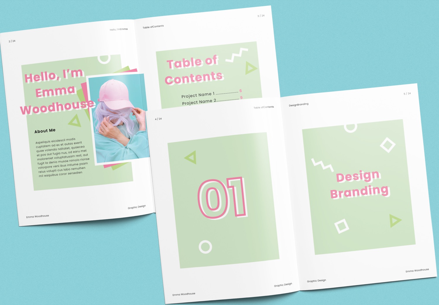 Close up of Free Minimal Pastel Green and Pink Portfolio Template